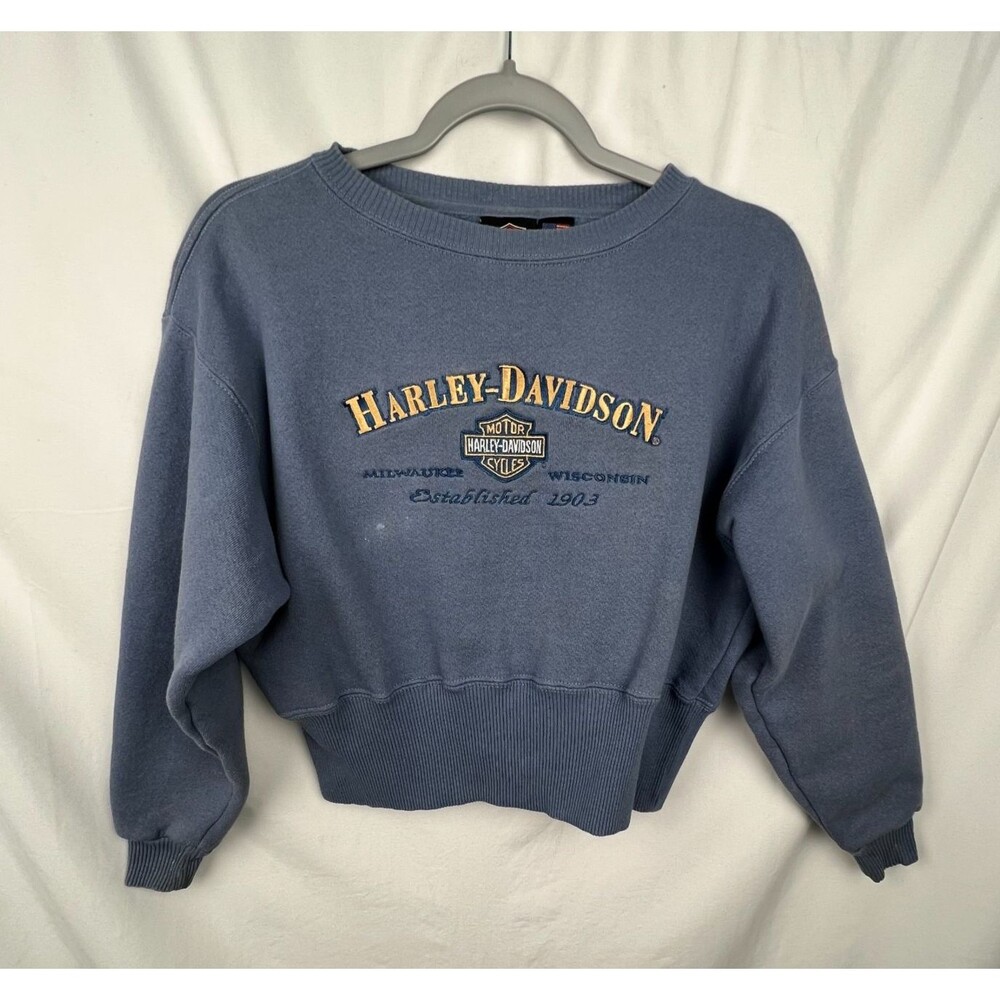 Vintage Harley Davidson Sweatshirt Womens L Made USA Cropped Blue Biker Moto